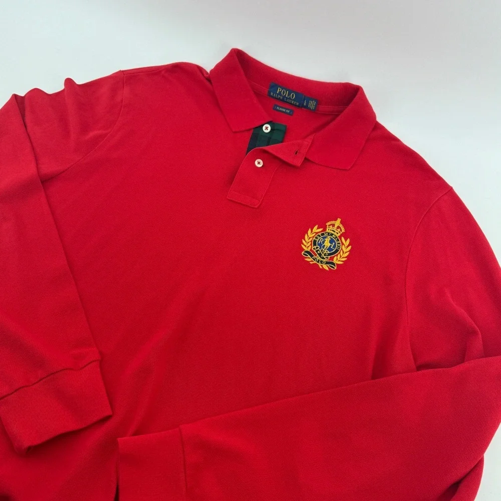 Polo Ralph Lauren Mens Red Long Sleeve Crest Logo Polo Shirt Classic Fit Large